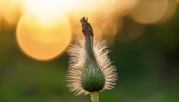 Unopened Salsify Flower Bud In Evening Sunlight With Bokeh Artistic Photography Highlights Natural Flower Phases From Bud To Bloom And Seed Stage Perfect For Botanical Moodboards And Nature Designs