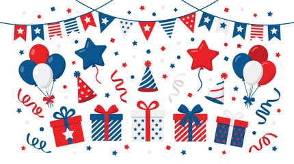 Obraz premium Vibrant vector illustration featuring patriotic party elements including colorful gift boxes with ribbons balloons birthday hats and festive bunting flags decorated in red white and blue colors 