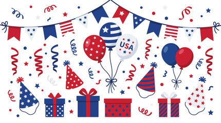 Obraz premium Patriotic vector graphic illustration featuring red white and blue party decorations including balloons confetti gift boxes and festive bunting flags designed for celebrating independence day 