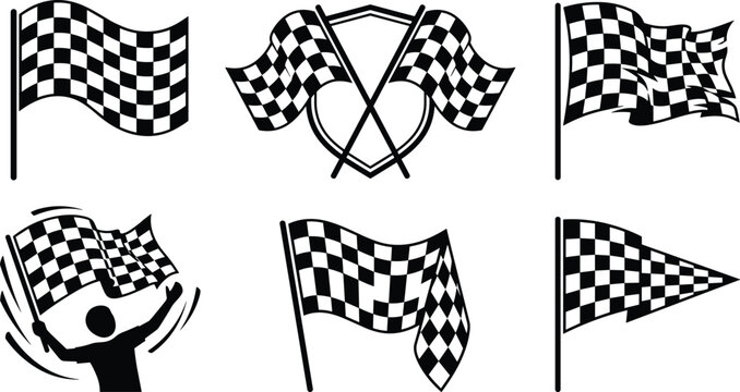 Racing Checkered Flag Vector Set Featuring Crossed Flags with Shield, Waving Finish Line Symbols, Pennant Formats, and Official Race Marshall Hand Signals
