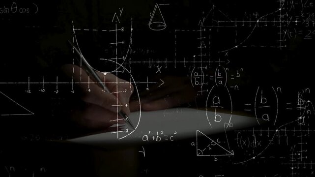 Hand writing equations on paper with glowing math and physics formulas overlay. Represents education, science, research, and complex problem-solving concepts.