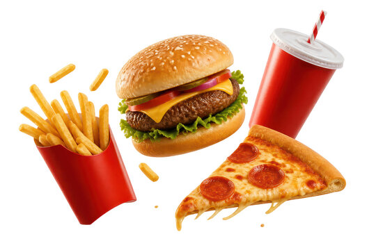 Cheeseburger fries pizza and soda fast food combo