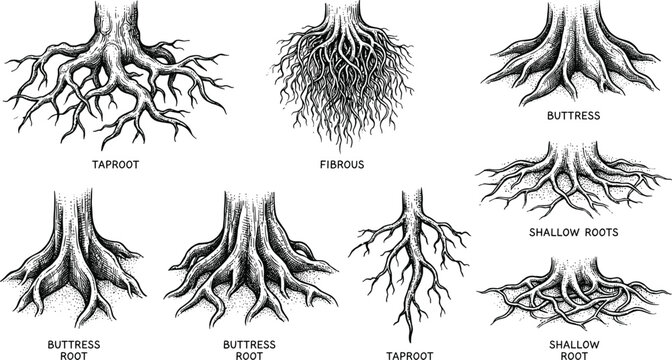 Different types of tree root systems illustration in black and white
