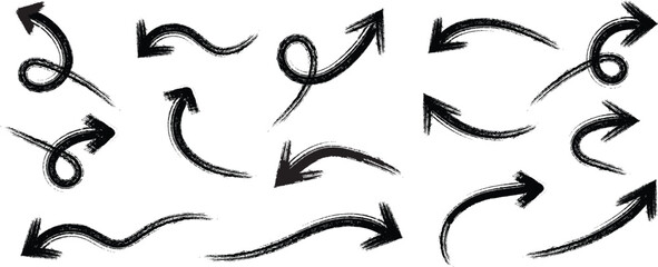 Collection arrow bold brush  up drawn curved arrows.  Hand drawn vector brush strokes grunge arrow paint brush strokes . © MD