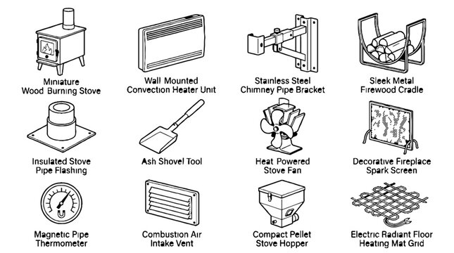 Collection of Wood Burning Stove Accessories and Heating Equipment Line Art Icons.