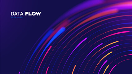 Plakat Data Flow Abstract Background With Glowing Neon Curved Lines For Technology, AI, Big Data, Digital Networks. Analytics Platforms, Cloud Services, Telecom Branding, Data Streams. Vector Illustration.