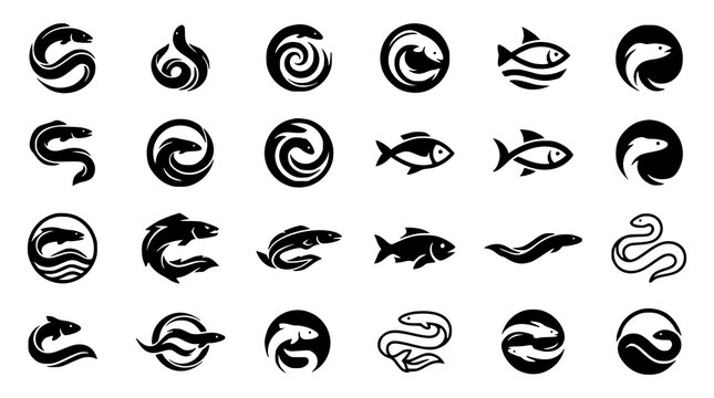 Abstract Eel Logo Pack with Marine Fish Symbols for Seafood and Outdoor Brand Identity