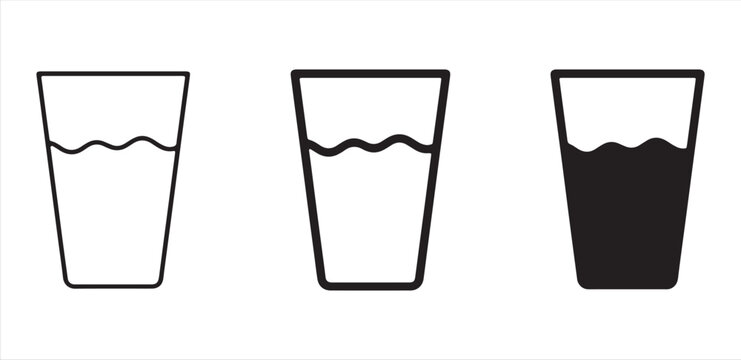 Water Glass Icon Set, Simple Linear and Silhouette Drink Symbols for Web and UI Design