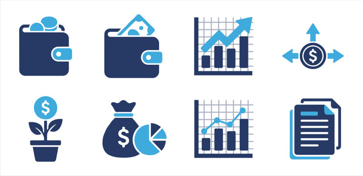 Financial Business Icons Set with Wallet, Growth Chart, Money Bag and Investment Vector Symbols