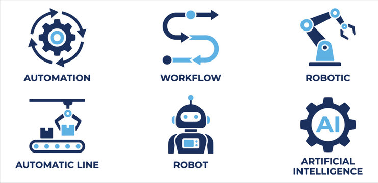 Automation Workflow Robotic Automatic Line Robot and Artificial Intelligence Vector Icons Set