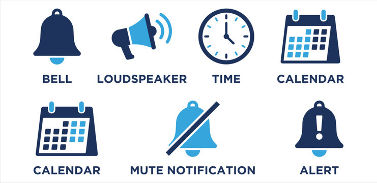 Business Notification Icons Set: Bell, Loudspeaker, Time, Calendar, Mute, and Alert Symbols