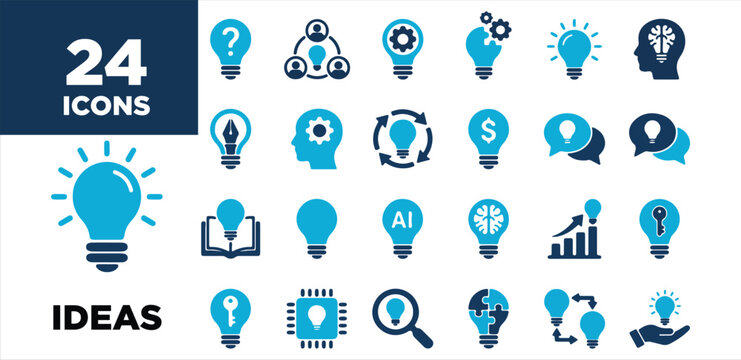 24 Light Bulb Icons Set for Business Ideas, Innovation, Creativity, and Artificial Intelligence