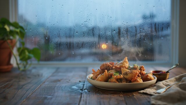 A warm plate of savory fried pakora appetizers served on a rustic dark wooden table beside a window with raindrops and soft natural daylight creating a cozy rainy day indoor atmosphere for snack time