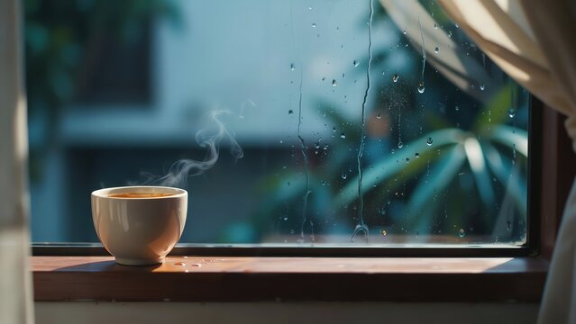 A steaming ceramic cup of coffee sits peacefully on a wooden window sill during a rainy day with soft natural light filtering through the glass showing blurry green leaves in the garden background moo