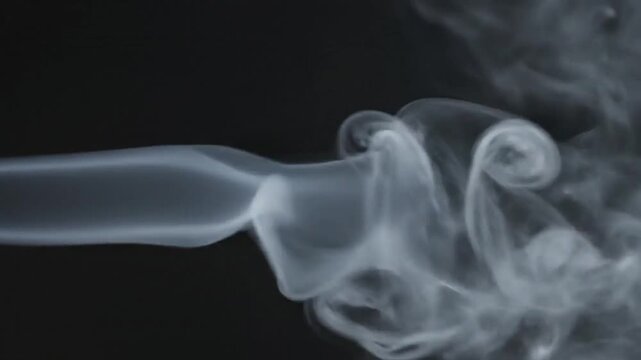Wisps of white smoke curl and swirl against a dark black background creating abstract ethereal shapes and fluid motion with delicate tendrils and soft gradients of light and shadow
