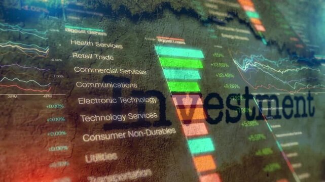 The word INVESTMENT stamped on a textured background with stock market graphs and economic sector lists. Illustrates market diversification, portfolio strategy, and trading.