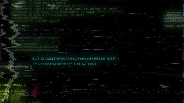 Glowing green computer code and terminal text with digital glitch and noise on a dark background. Symbolizes hacking, cybersecurity threats, system errors, and programming.