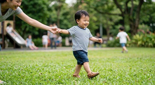 Asian toddler learning to walk on grass in a park. Smiling Chinese boy holding his mother's hand taking first steps. Early childhood development and family bonding