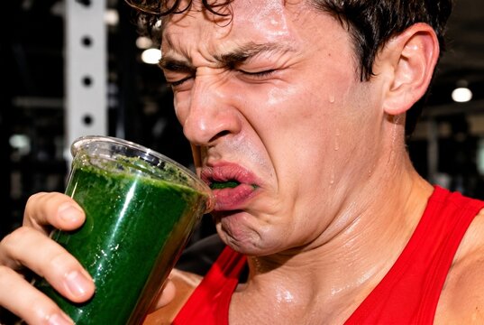 Man at the gym grimacing in disgust while drinking a green smoothie