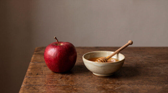 Red apple and bowl of honey on a rustic wooden table, concept of Rosh Hashanah, sweetness and new beginnings