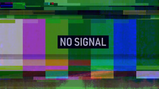 Retro television color bars with a static glitch effect and NO SIGNAL text. Represents broadcast interruption, technical difficulties, analog TV errors, and vintage media.