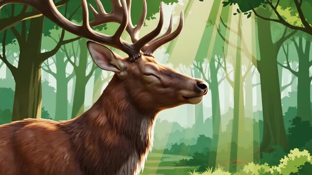 A majestic brown deer with large antlers stands in a sunlit forest