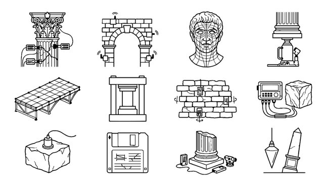Collection of architectural and technical line art icons featuring classical columns and ancient ruins.