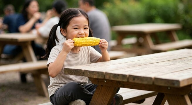 Smiling Chinese girl eating corn on the cob at a picnic table. Happy child enjoying a healthy outdoor snack in the park