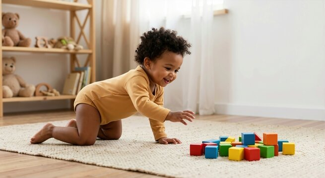 African toddler crawling toward colorful wooden blocks on rug. Smiling baby boy in mustard onesie playing indoors. Early learning and motor skills development