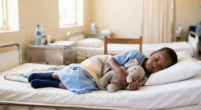 African boy lying in a hospital bed hugging a stuffed elephant. Sick Black child patient resting in a clinic ward
