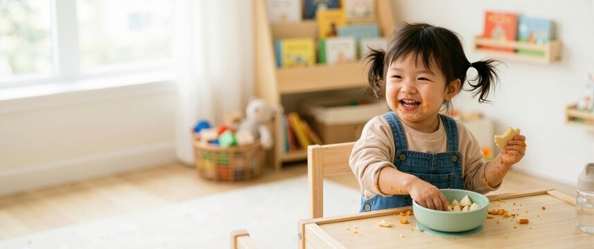 Happy Asian toddler girl eating a messy snack at a small wooden table. Smiling child in denim overalls in a bright playroom. Wide banner with copy space for text