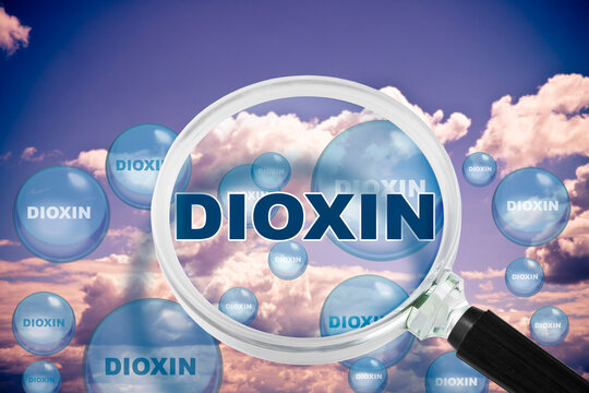 DIOXIN AIR POLLUTION CONCEPT WITH MAGNIFYING GLASS AND FLOATING MOLECULES IN THE SKY - ILLUSTRATING ENVIRONMENTAL CONTAMINATION, TOXIC EXPOSURE, CHEMICAL POLLUTION, DETECTION, AND AIR QUALITY ANALYSIS