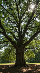 Fototapeta premium Majestic ancient oak standing tall beneath the bright summer sun, massive trunk and spreading canopy, sunny, survival, ancient