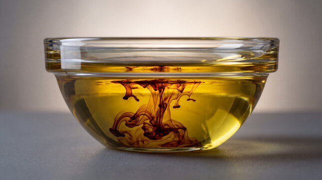 Abstract macro view of dark vinegar droplets swirling into golden oil inside a clear glass bowl on a smooth gray surface with soft studio lighting.