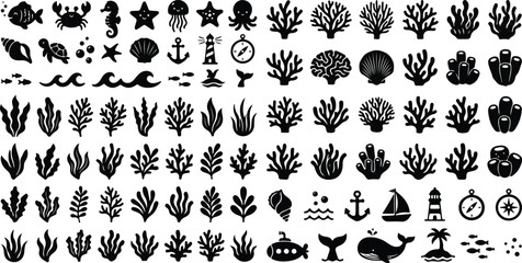 Fototapeta premium Grid pattern collection of marine life silhouettes vector elements