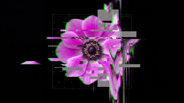 A flower with a digital glitch effect on a black background, abstract contemporary art