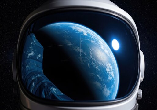 A protective space helmet visor reflects the deep blue curve of a distant planet set against the cold void of the cosmos, universe, technology, curved