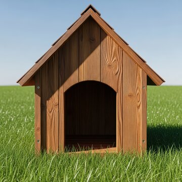 A rustic, classic wooden doghouse sits empty on green grass under bright sunshine, waiting for a canine resident to arrive and relax, yard, domestic, pet