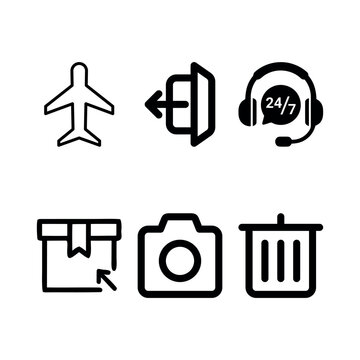 A 2x3 grid featuring 6 minimalist, monochrome UI icons. These flat vector assets cover a range of functions, including travel, navigation, customer support, shipping, media capture