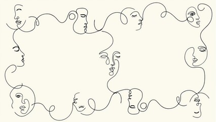 Fototapeta premium Faces illustrated in a continuous line art style create a minimalist pattern with a beige background for text.