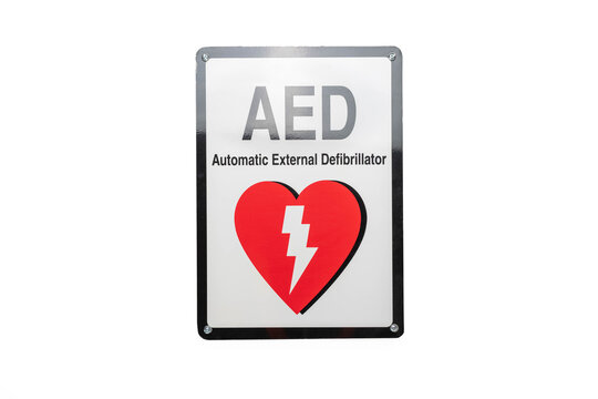 Red, white, and black AED sign on white background.