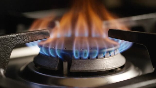 Close up view of blue and orange flames burning on a kitchen gas stove burner for cooking food