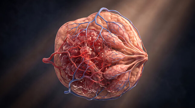 3D Medical Illustration Showing Detailed Internal Anatomy of a Human Breast with Vascular System and Lobular Structures