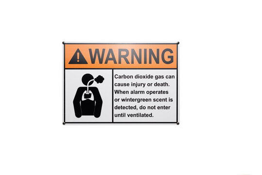 Warning Carbon Dioxide Gas, orange, black and white sign on white background.