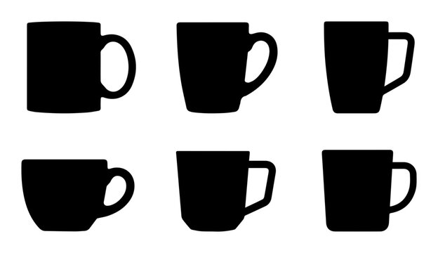 Black coffee mug icons, cup silhouettes, vector graphics, 6 coffee cups