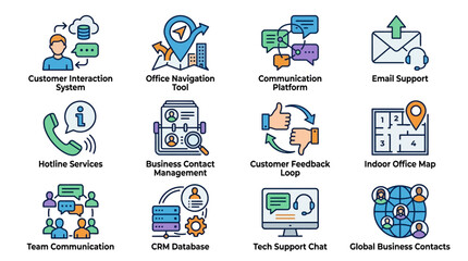 Fototapeta premium Professional Set of Modern Business Contact Solutions Including Interactive Customer Service Icons Office Wayfinding Signage Digital Communication Tools Email Assistance Hotline Support Syst
