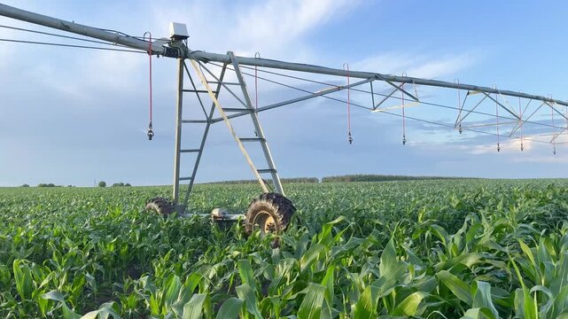 The man operates irrigation equipment over vast corn fields. The irrigation system ensures the healthy growth of corn in this agricultural setting