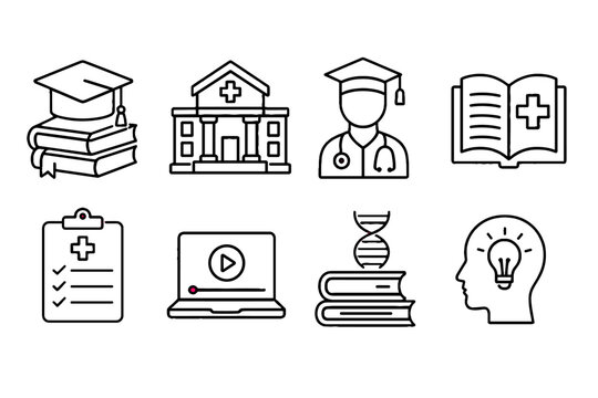 Education and medical line icon set with books and healthcare