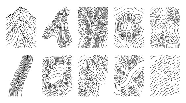 Set of topographic map contour lines representing mountain terrain and geographic elevation patterns.