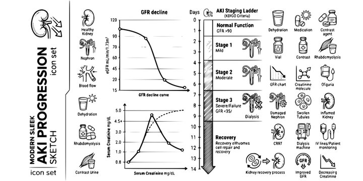 AKI Progression Chart Sketch Black White-GFR Decline Creatinine Stage Ladder-Nephrology Vector-AKI Icon Sketch-Nephrology Design Set
